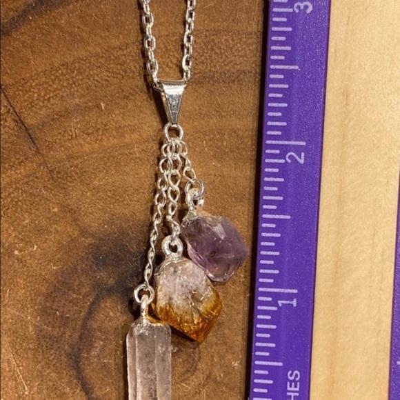 Amethyst, Citrine, and Clear Quartz Triple Stone Pendant, Raw Stones, Abundance - Picture 4 of 4
